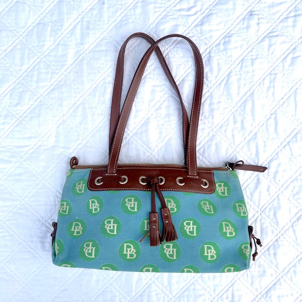 Unique Dooney & Bourke Blue and Green Purse with Brown Leather